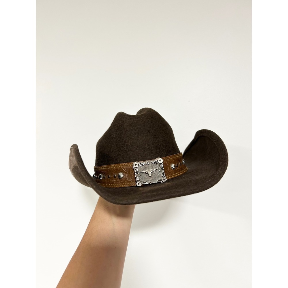 Bullhide Brown Wool Felt Cowboy Hat Steer Head Buckle Tooled Leather Band Small